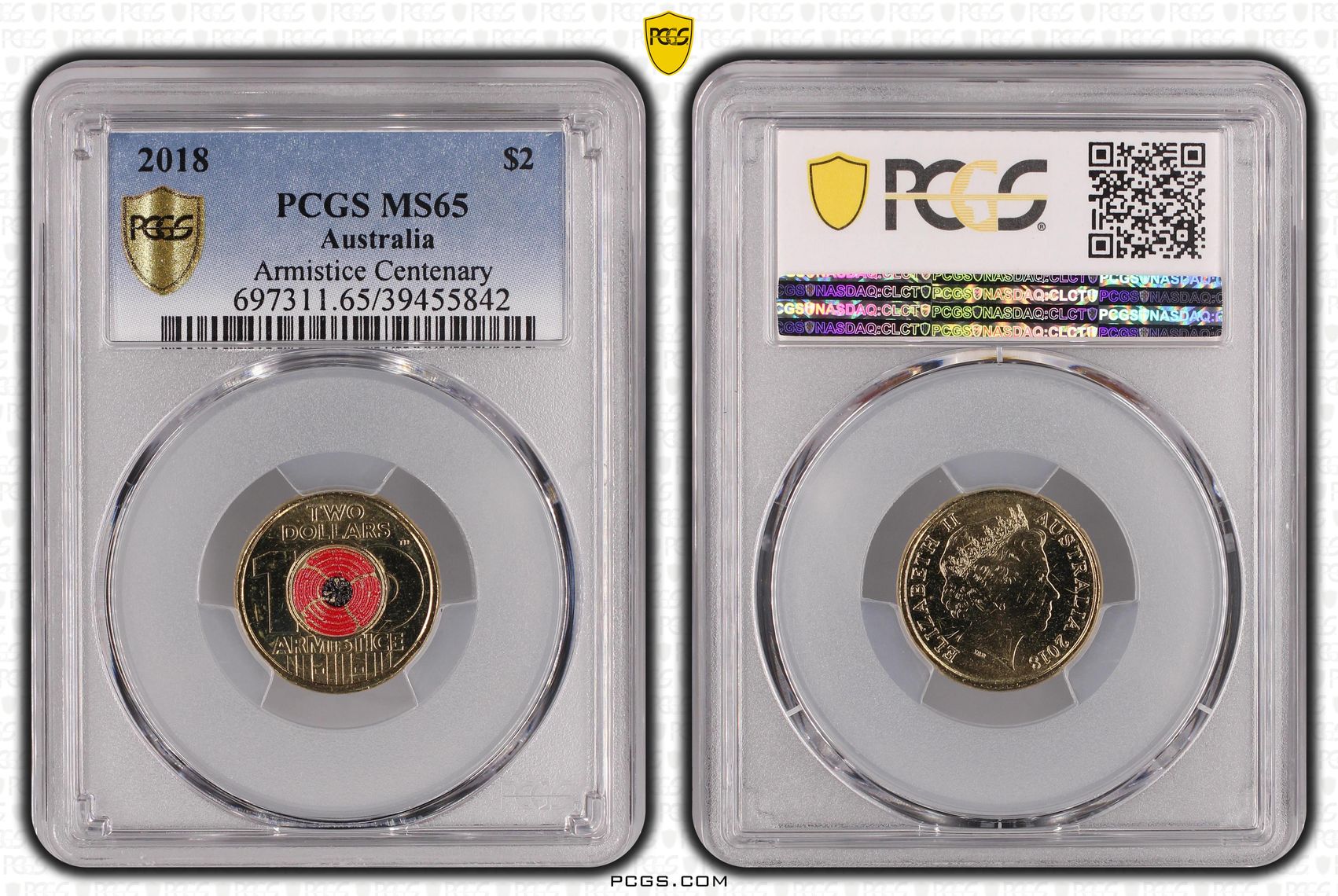 Armistice Centenary Colourised, Two Dollar, 2018, PCGS MS65