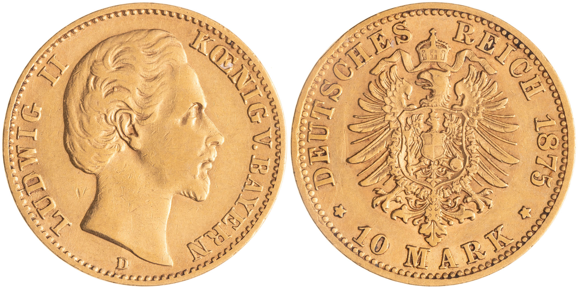 German States, Ludwig II, Kingdom of Bavaria, Ten Mark, 1875, VF