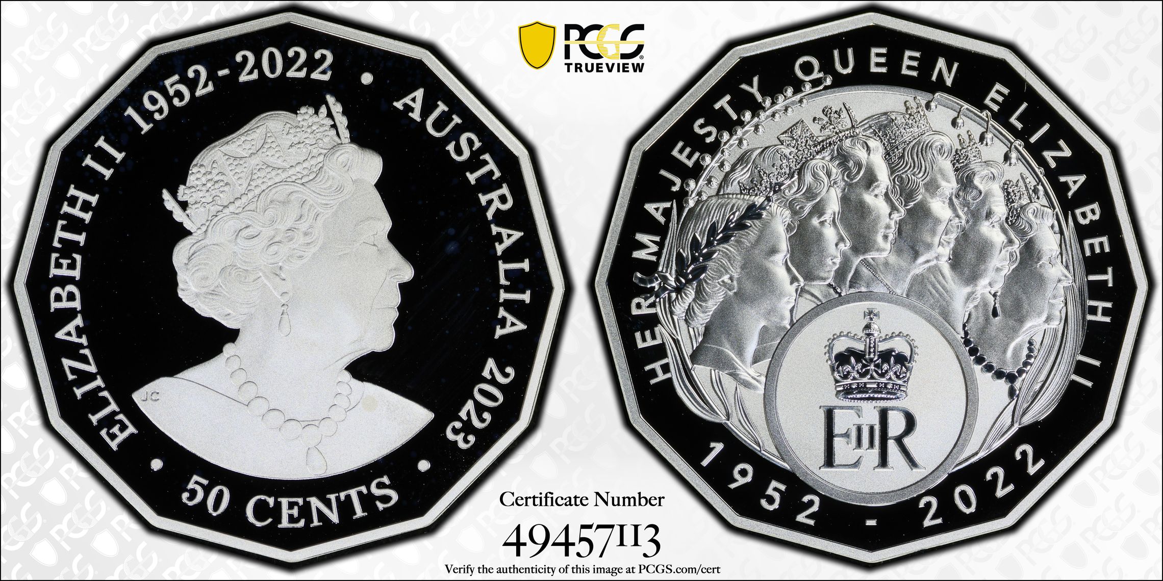 Her Majesty QEII Ag , Fifty Cent, 2023, PCGS PR69DCAM