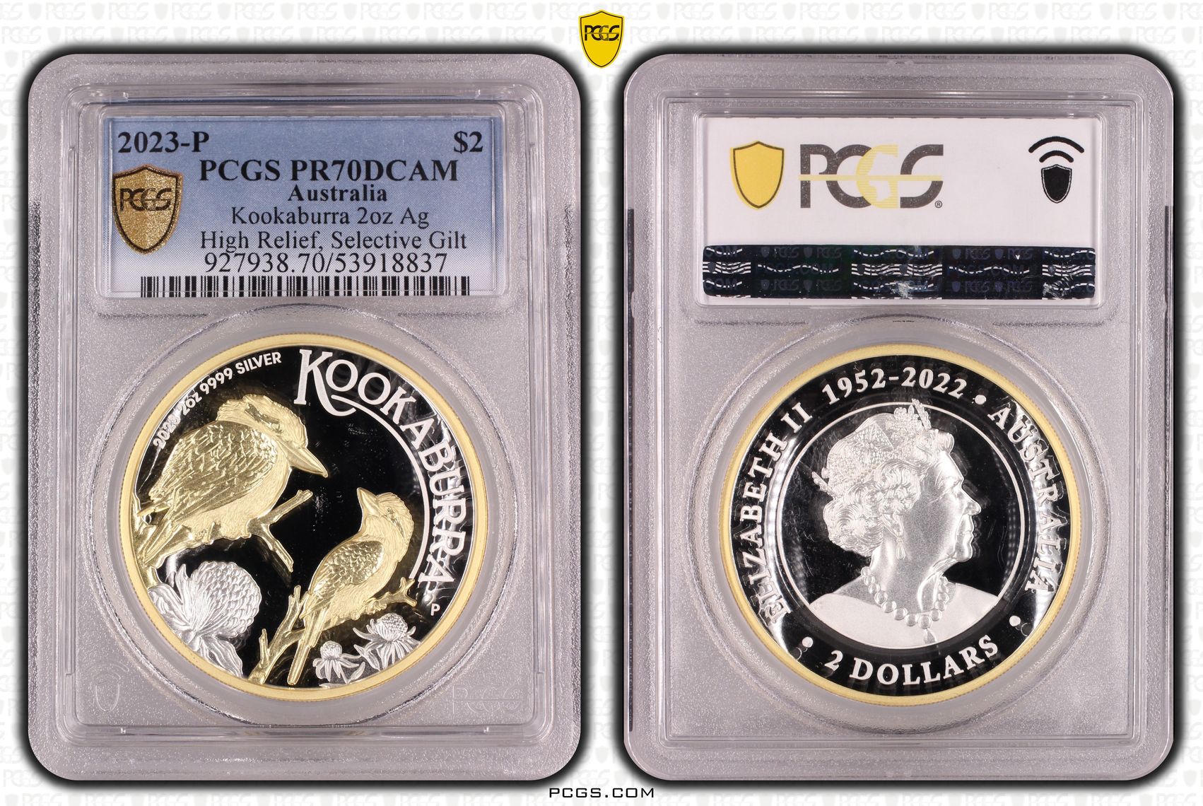 Kookaburra 2oz Silver High Relief, Selective Gilt, 4/0, Two Dollar, 2023-P, PR70DCAM