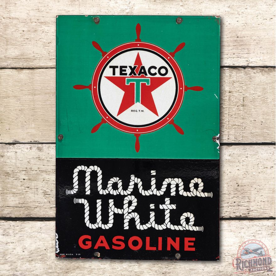 1939 Texaco White T Marine White Gasoline SS Porcelain Sign