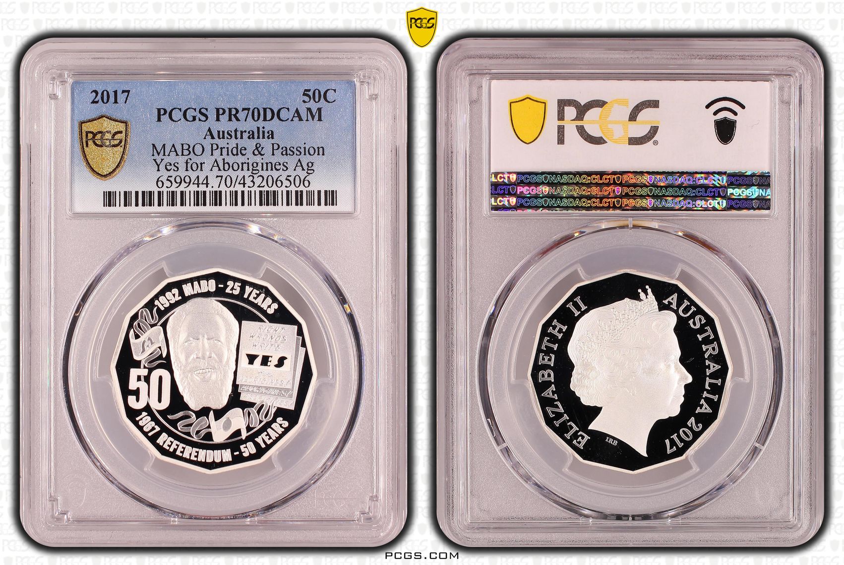 2017 Australia Fifty Cent, 50c Silver MABO Pride & Passion - Yes for Aborigines Ag PCGS - PR70DCAM POP 29/0 -506