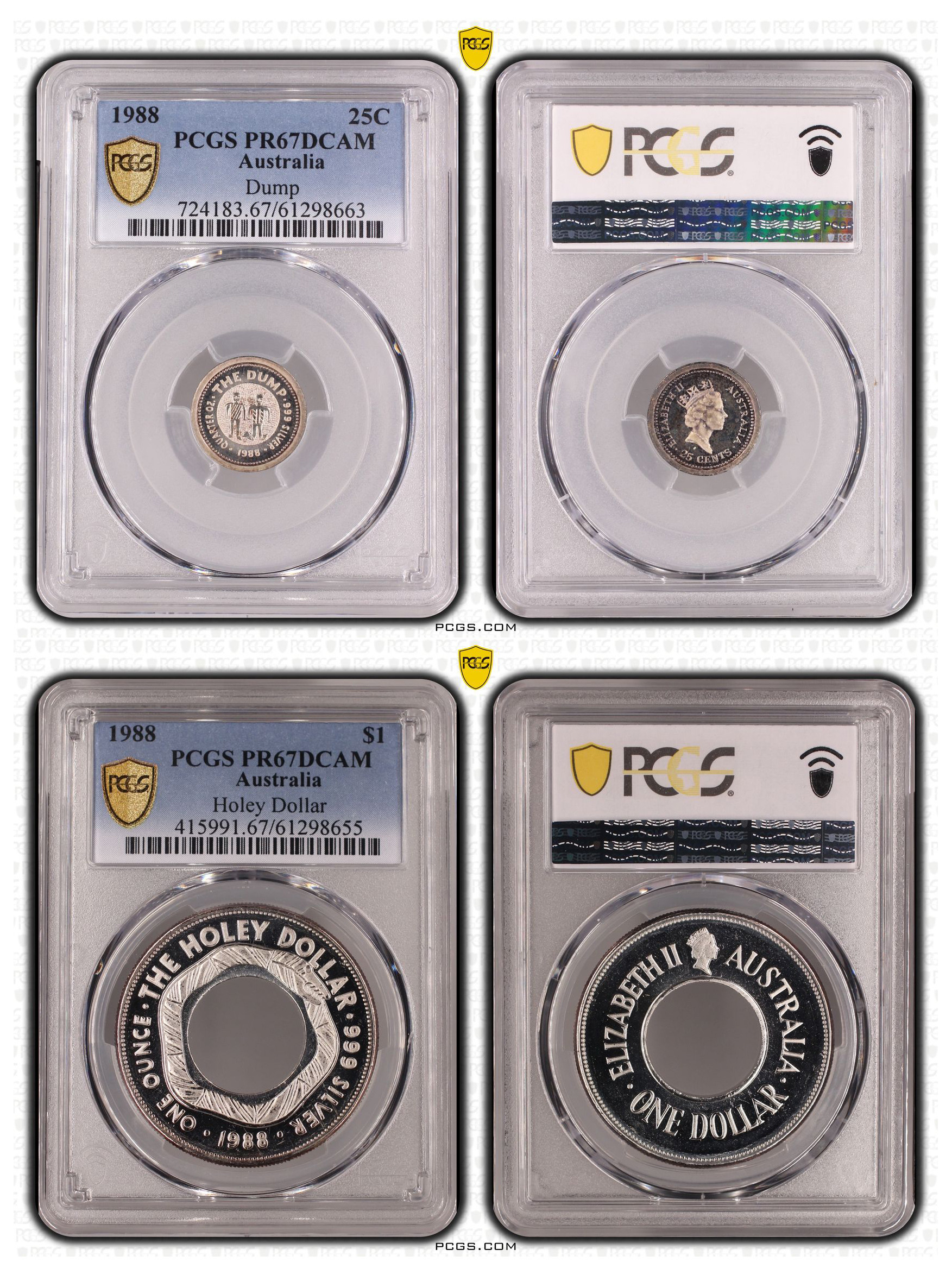 Holey Dollar and Dump, Twenty Five Cent - One Dollar, 1988, PCGS PR67DCAM