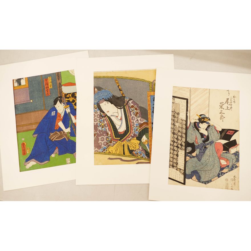 7pc Old Japanese Samurai & Kabuki Woodblock Prints- matted- 18x14'' each