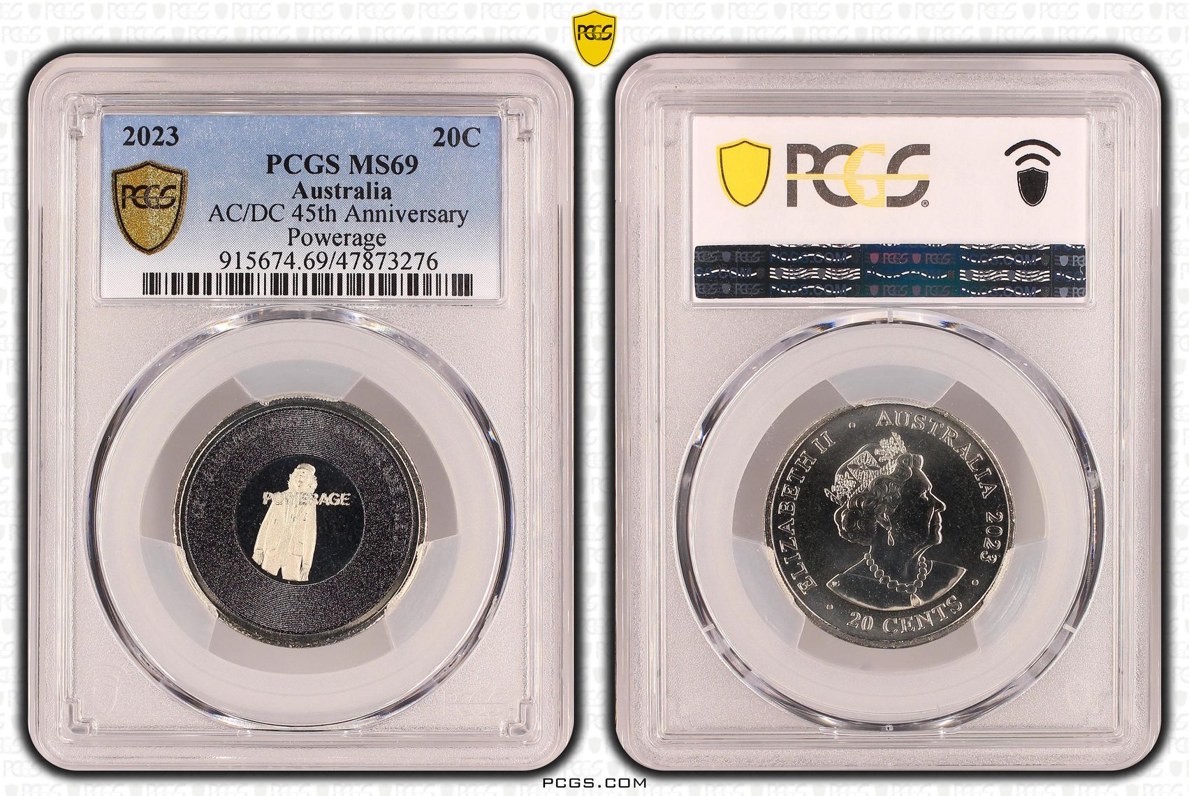 303 · AC/DC 45th Anniversary - Powerage, POP 12/0, Twenty Cent, 2023, PCGS MS69
