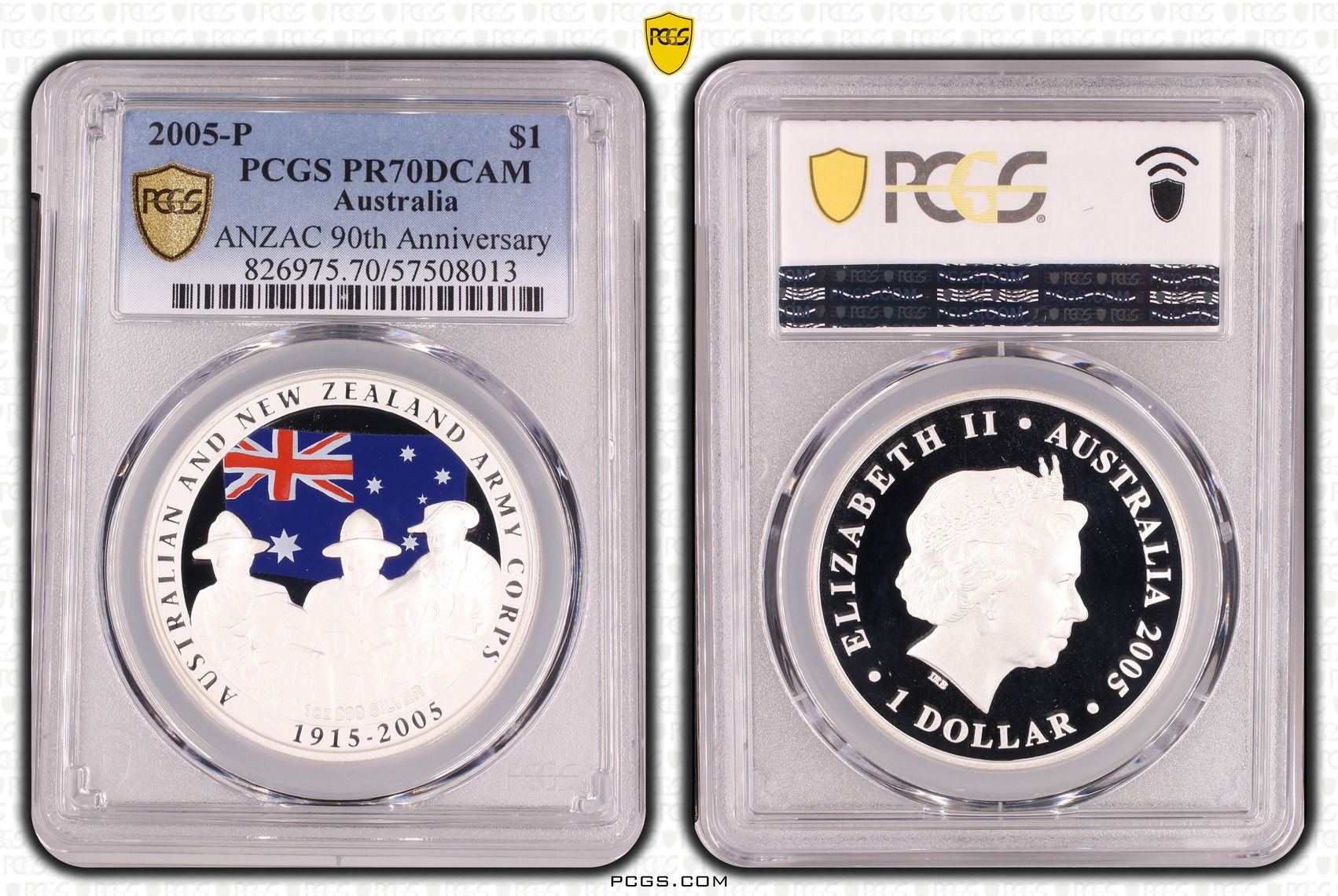 Elizabeth II, ANZAC 90th Anniversary Colourised Silver, 12/0, One Dollar, 2005-P, PCGS PR70DCAM