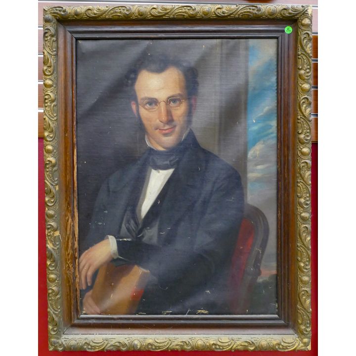 Antique Gentleman with Book Portrait Oil on Canvas Framed 35''x27''
