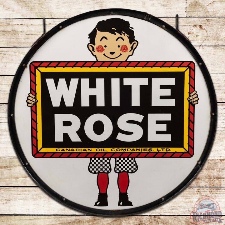 48" White Rose Gasoline DS Porcelain Sign & Original Ring w/ En-Ar-Co Boy