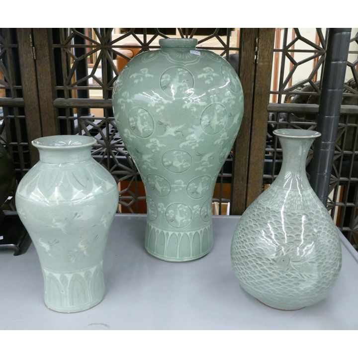 3pc Old Korean Celadon Pottery Vases- 9.5'' to 15''