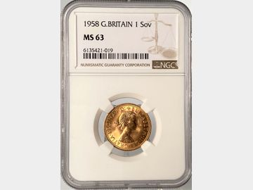 1958 ELIZABETH II PRE-DECIMAL GOLD SOVEREIGN MS63