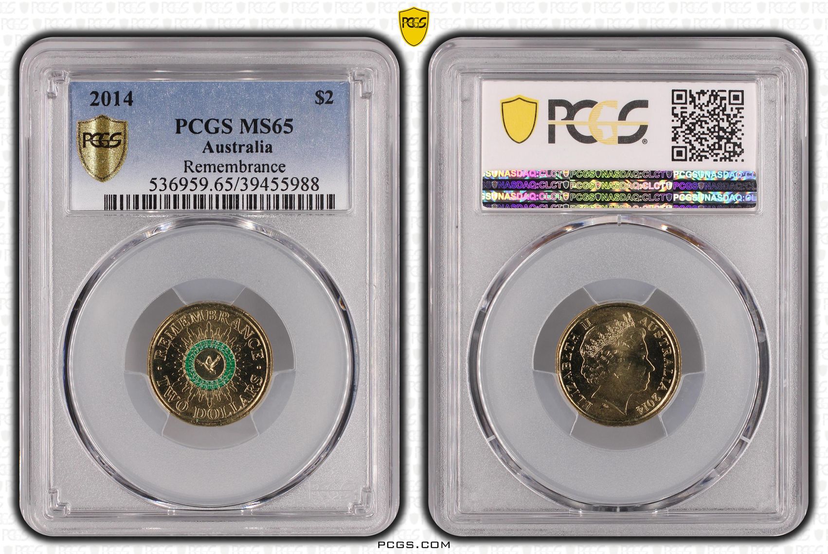 424 · Remembrance Green Dove, Two Dollar, 2014, PCGS MS65