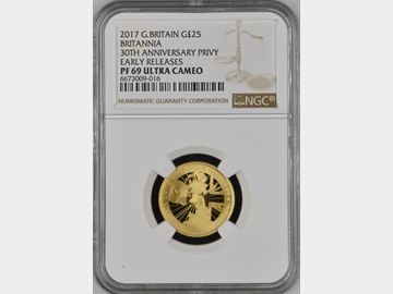 2017 ELIZABETH II '30th ANNIVERSARY PRIVY' BRITANNIA PROOF 1/4oz GOLD 25 POUND PF69 UCAM