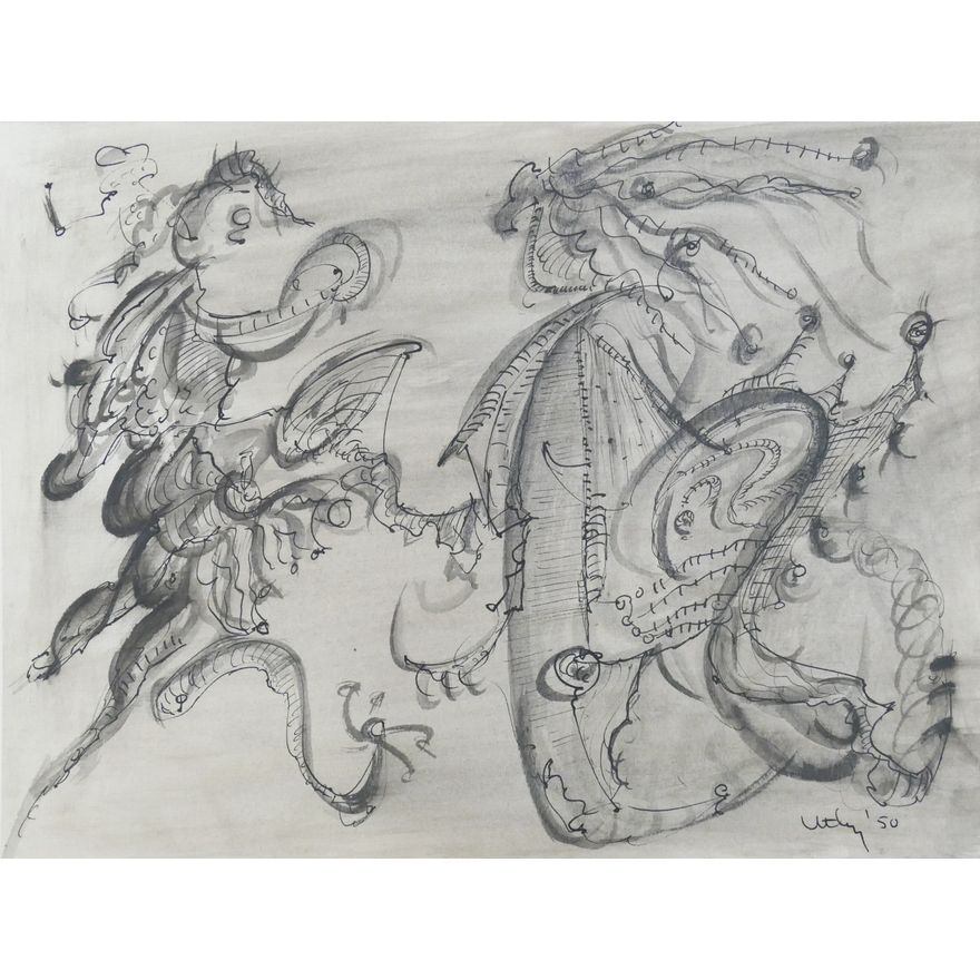 Windsor Utley (1920-1989 Washington) 'Chinese Dancers' (1950) Ink on Paper- unframed- 15x20.5''