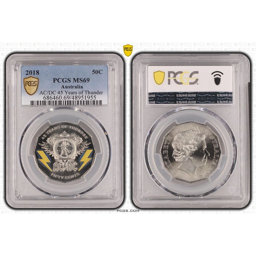 Elizabeth II, AC/DC 45 Years of Thunder, Fifty Cent, 2018, PCGS MS69