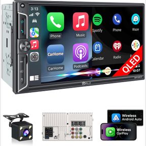 PLZ 7" WIRELESS DOUBLE DIN CAR STEREO APPLE CAR PLAY RADIO CARPLAY ANDROID AUTO QLED TOUCH SCREEN, BLUETOOTH 5.3 AUDIO RECEIVERS,