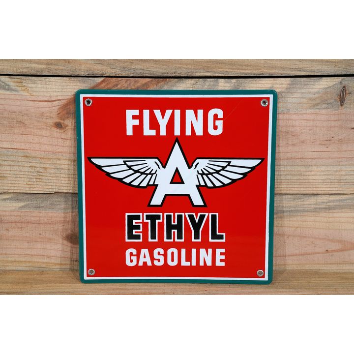 Flying A Ethyl Gasoline w/ Logo Single Sided Porcelain Pump Sign TAC 9.75