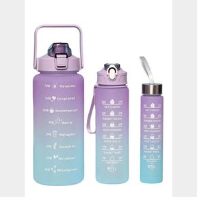 3 Piece Water Bottles 2L 1L 0.5L Blue Purple Motivational Blue / Purple 29 cm | SCRATCHED / LID BROKEN