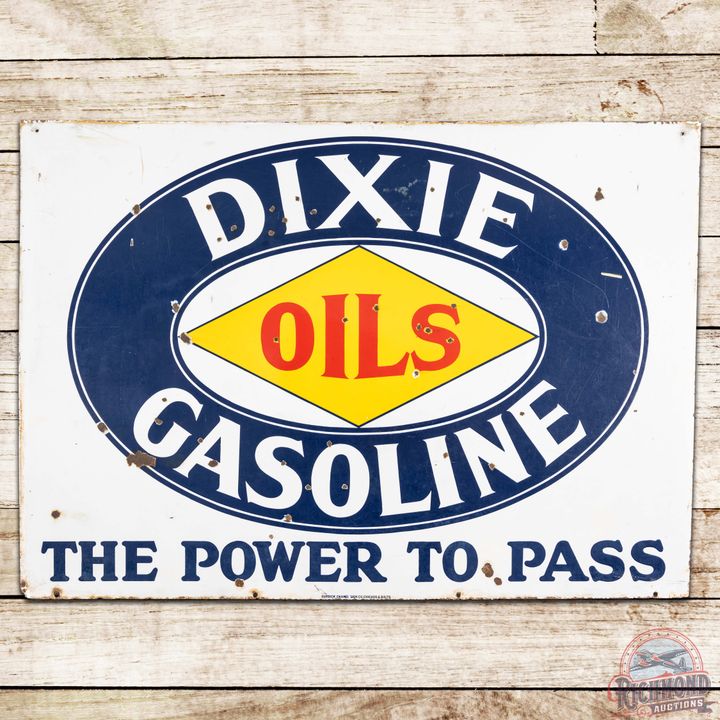 Dixie Oils Gasoline "The Power to Pass" DS Porcelain Sign w/ Logo