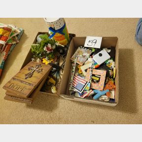 2 Boxes of refrigerator magnets and decorative items