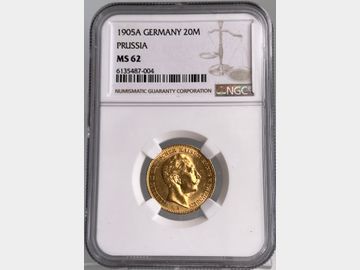 1905 PRUSSIA WILHELM II GOLD 20 MARK COIN MS62
