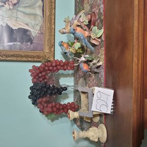 Crystal compote, fake fruit, birdies, candlesticks