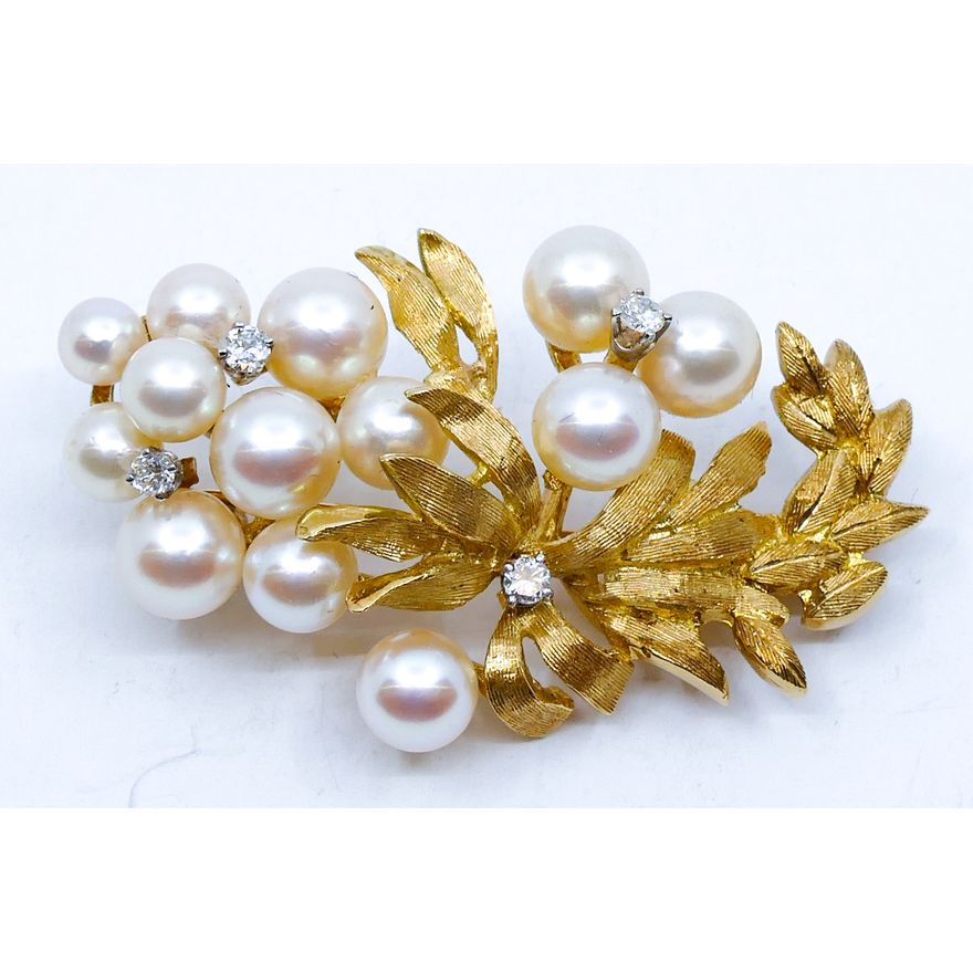 14k Diamond & Pearl Spray Brooch 1.75'' - 13.6 Grams