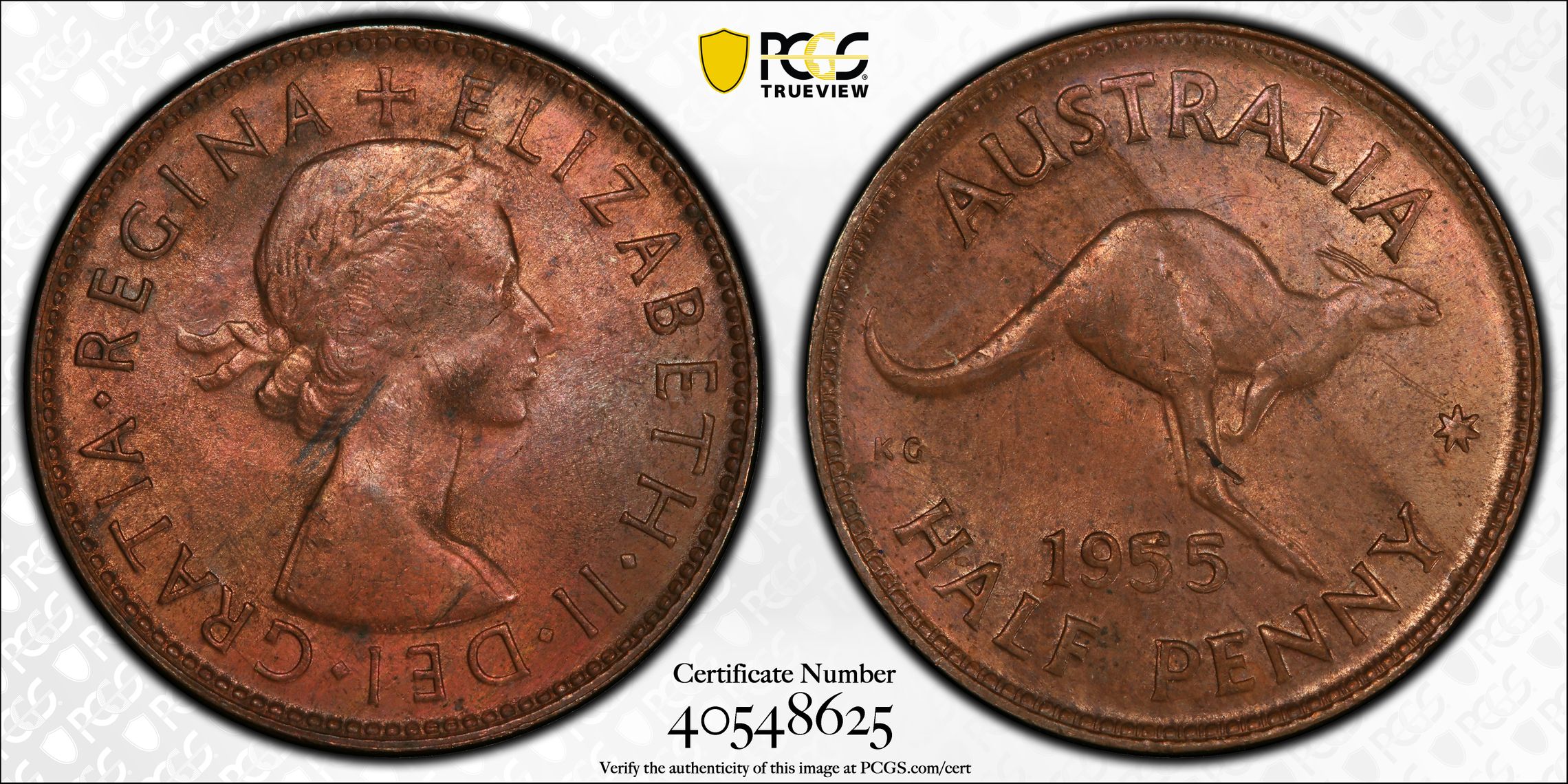 Elizabeth II, No Dot, Halfpenny, 1955 (p), PCGS MS63RB