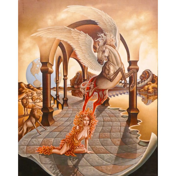 Ilene Meyer (1939-2009 Washington) 'Pegasus' Surrealist Fantasy Oil on Canvas Framed- 33x27''