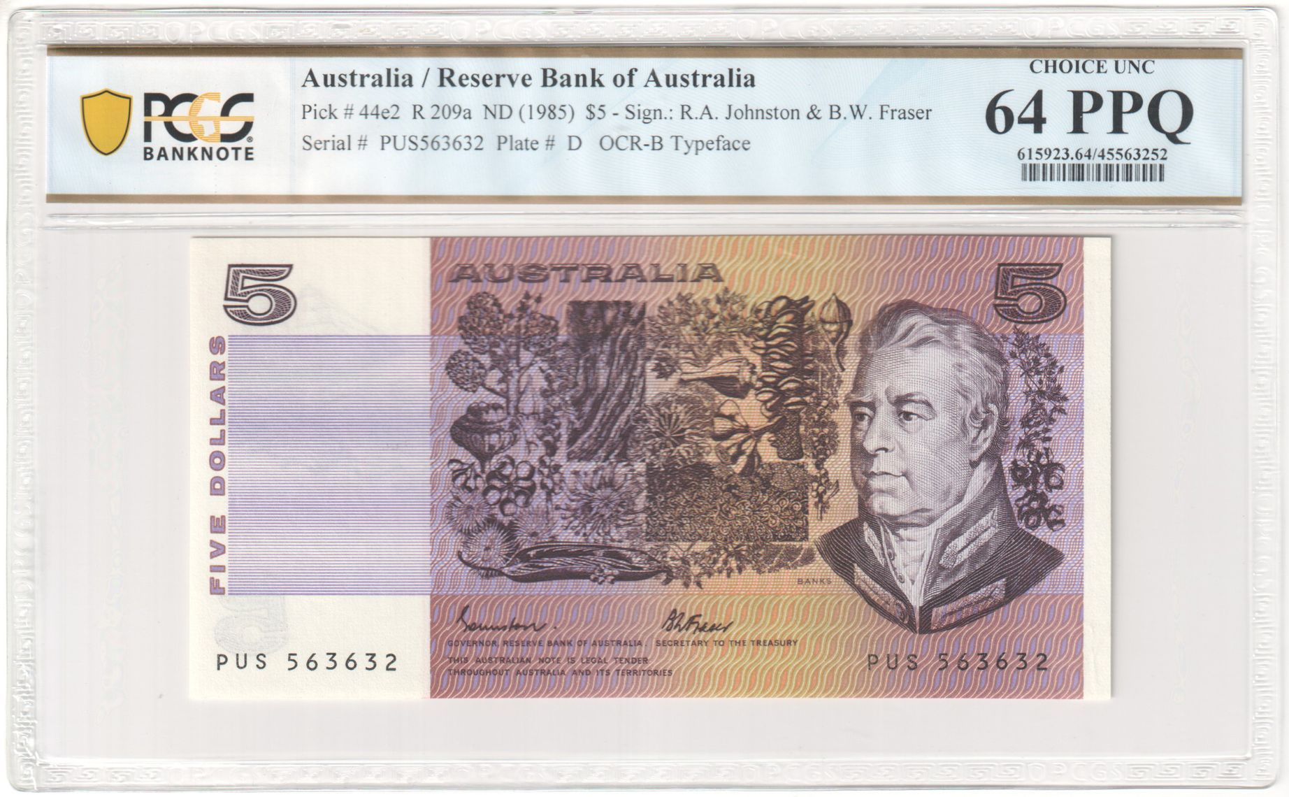 95 · R. 209a, Reserve Bank of Australia, Sign.: R.A. Johnston & B.W. Fraser, OCR-B Typeface, Five Dollar, ND (1985), PCGS - Choice UNC 64 PPQ