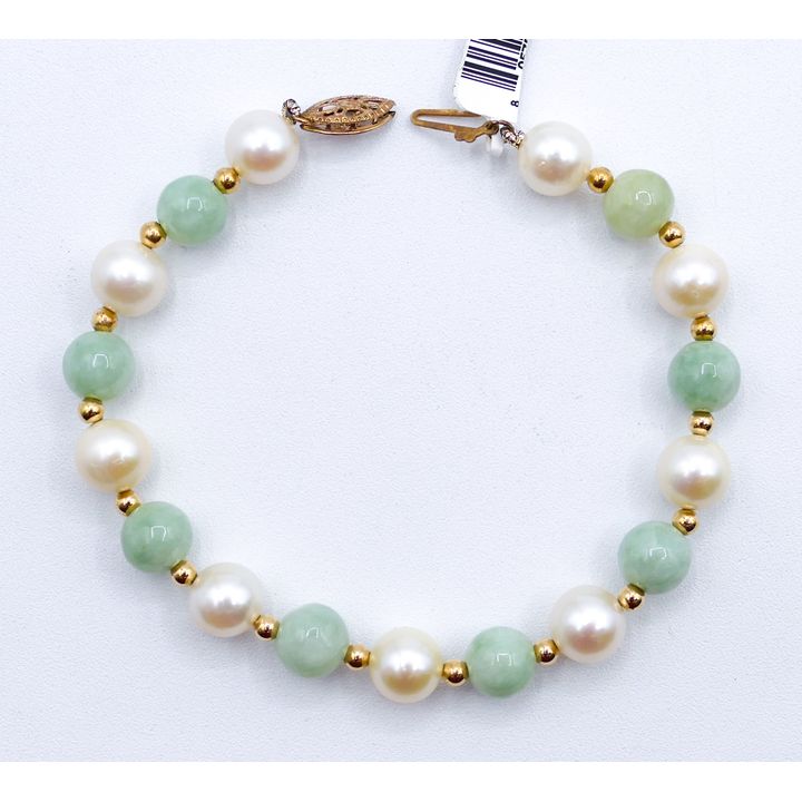 14k Jade and Pearl 8.5mm Bead Bracelet 7''