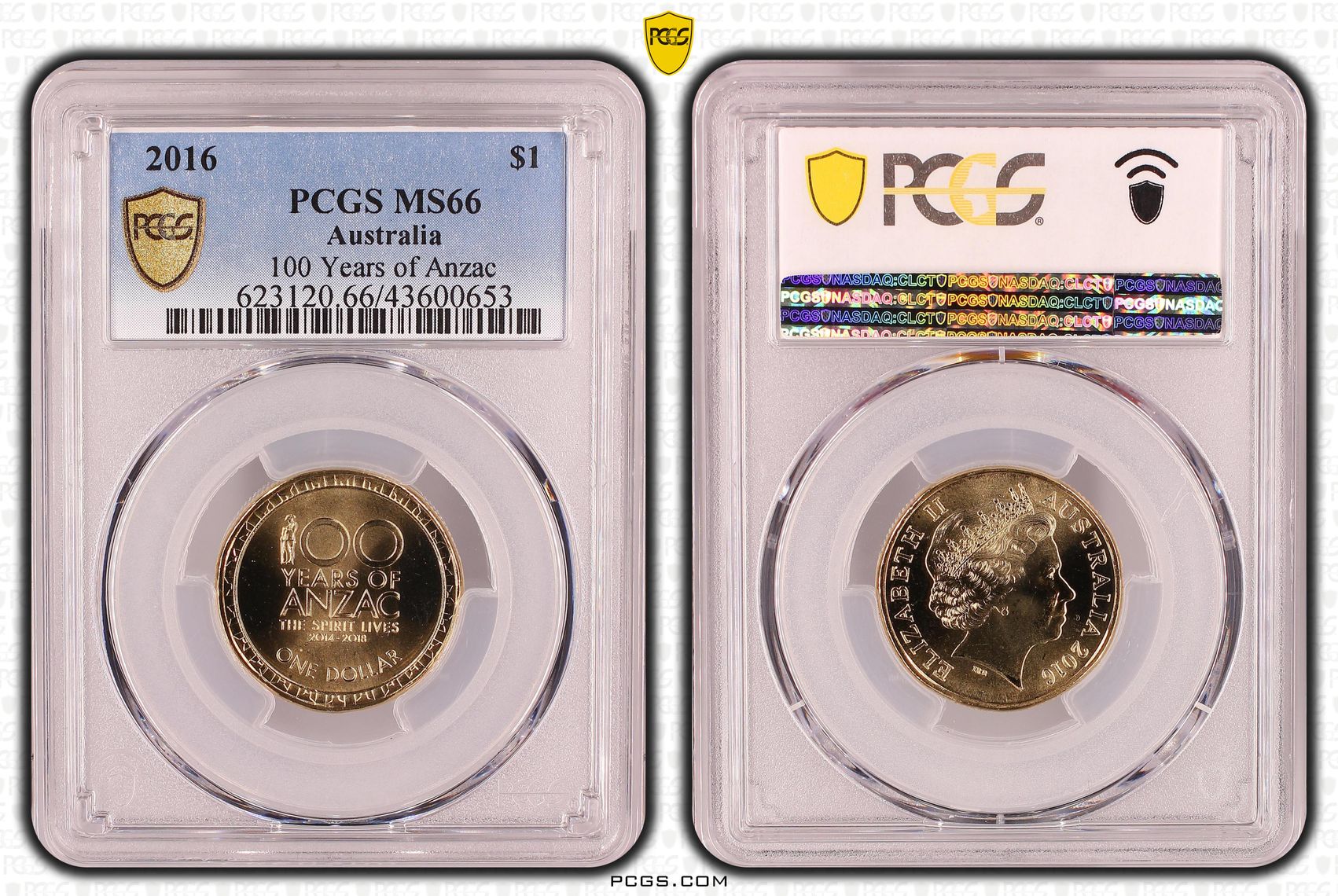 249 · Elizabeth II, 100 Years of Anzac , One Dollar, 2016, PCGS MS66