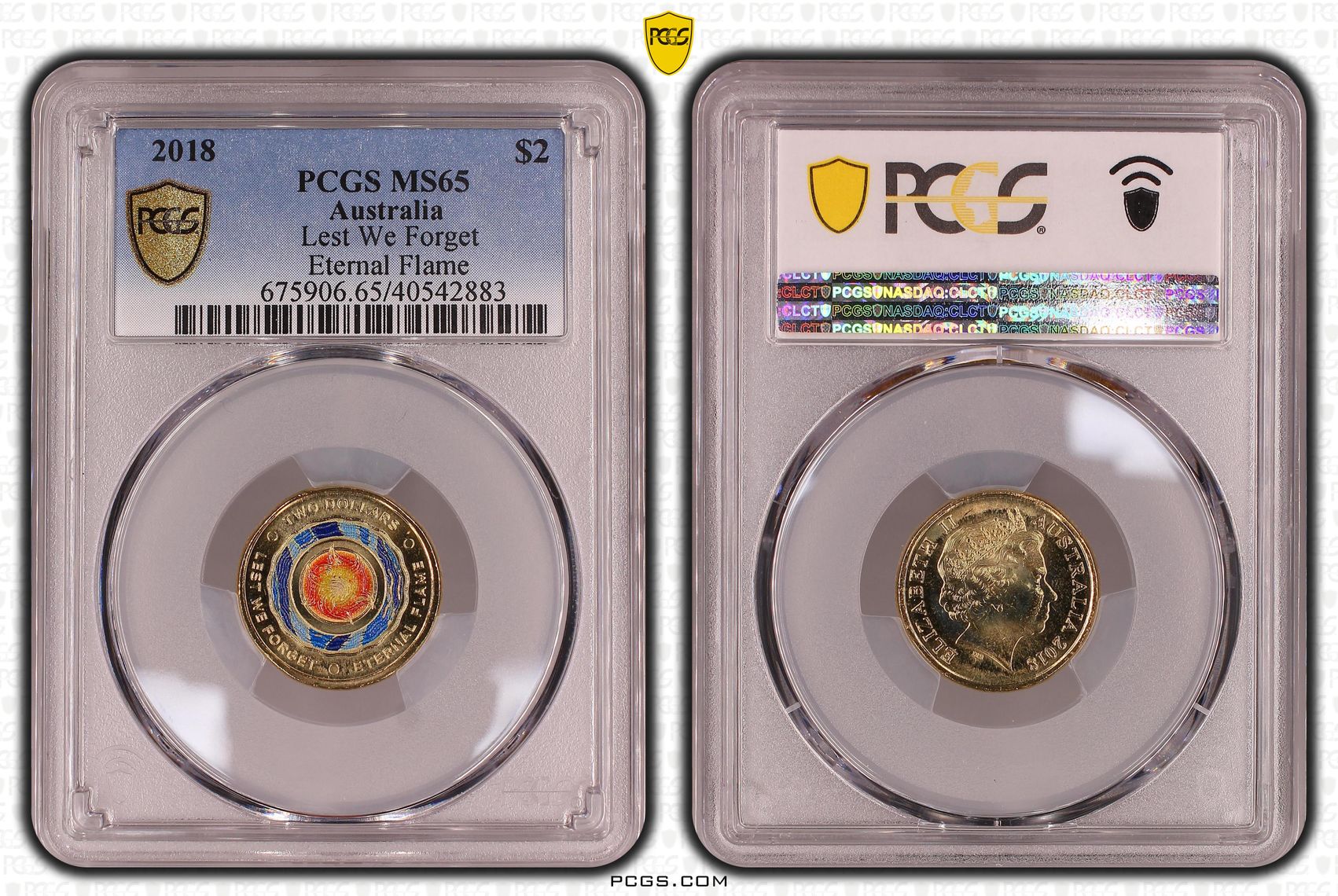 Lest We Forget Eternal Flame Colourised, Two Dollar, 2018, PCGS MS65