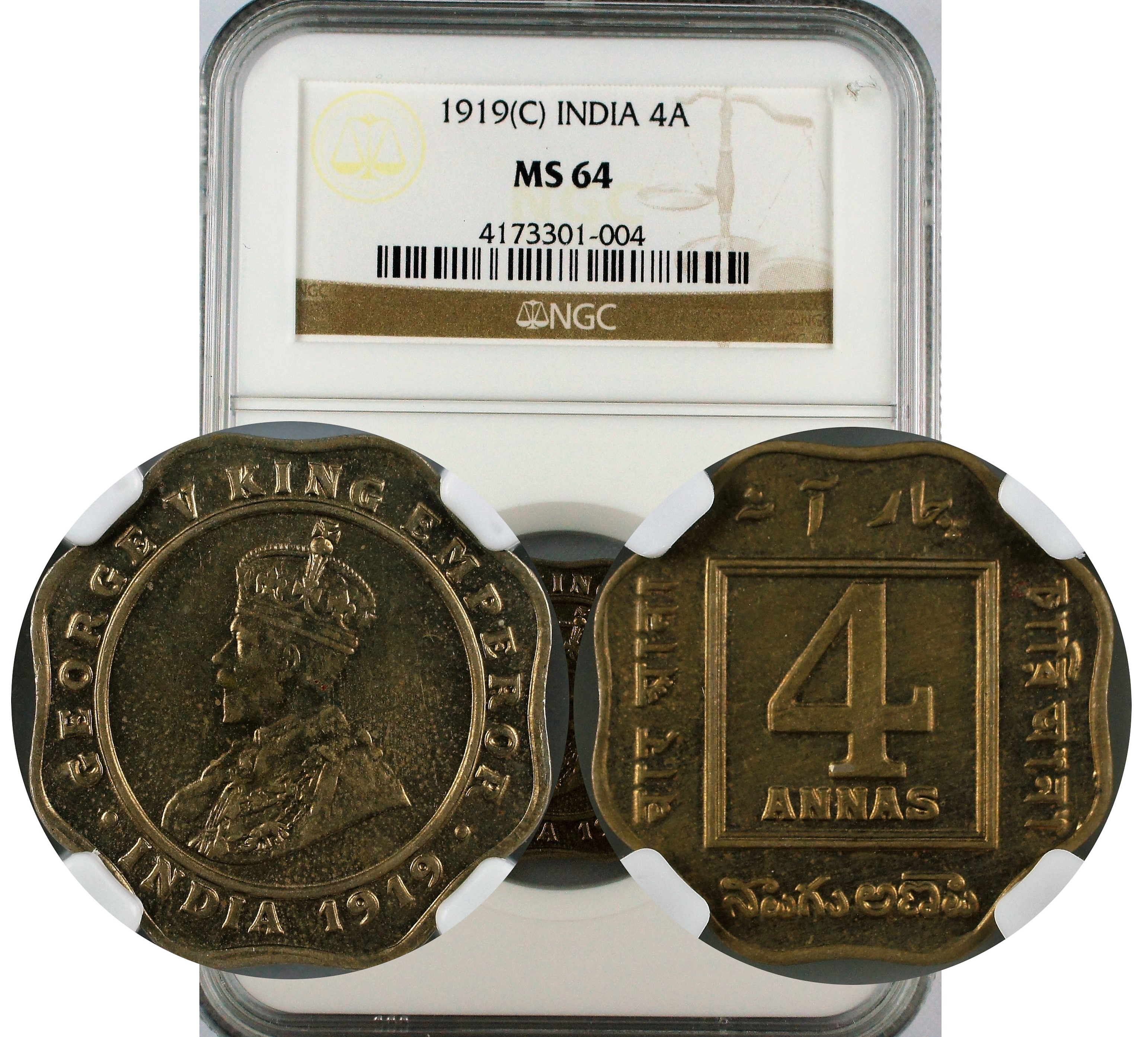India British 1919 C 4 Anna NGC  MS64