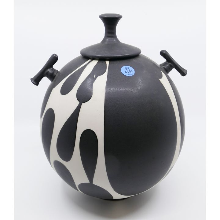 Sam Scott Black & White Porcelain Lidded Jar with Handles - 12.5''