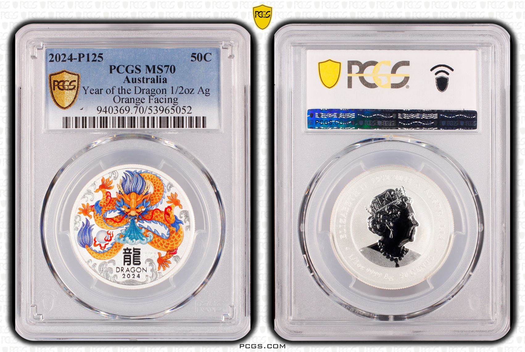 Year of the Dragon 1/2oz Ag Orange Facing, POP 1/0, Fifty Cent, 2024-P125, PCGS MS70