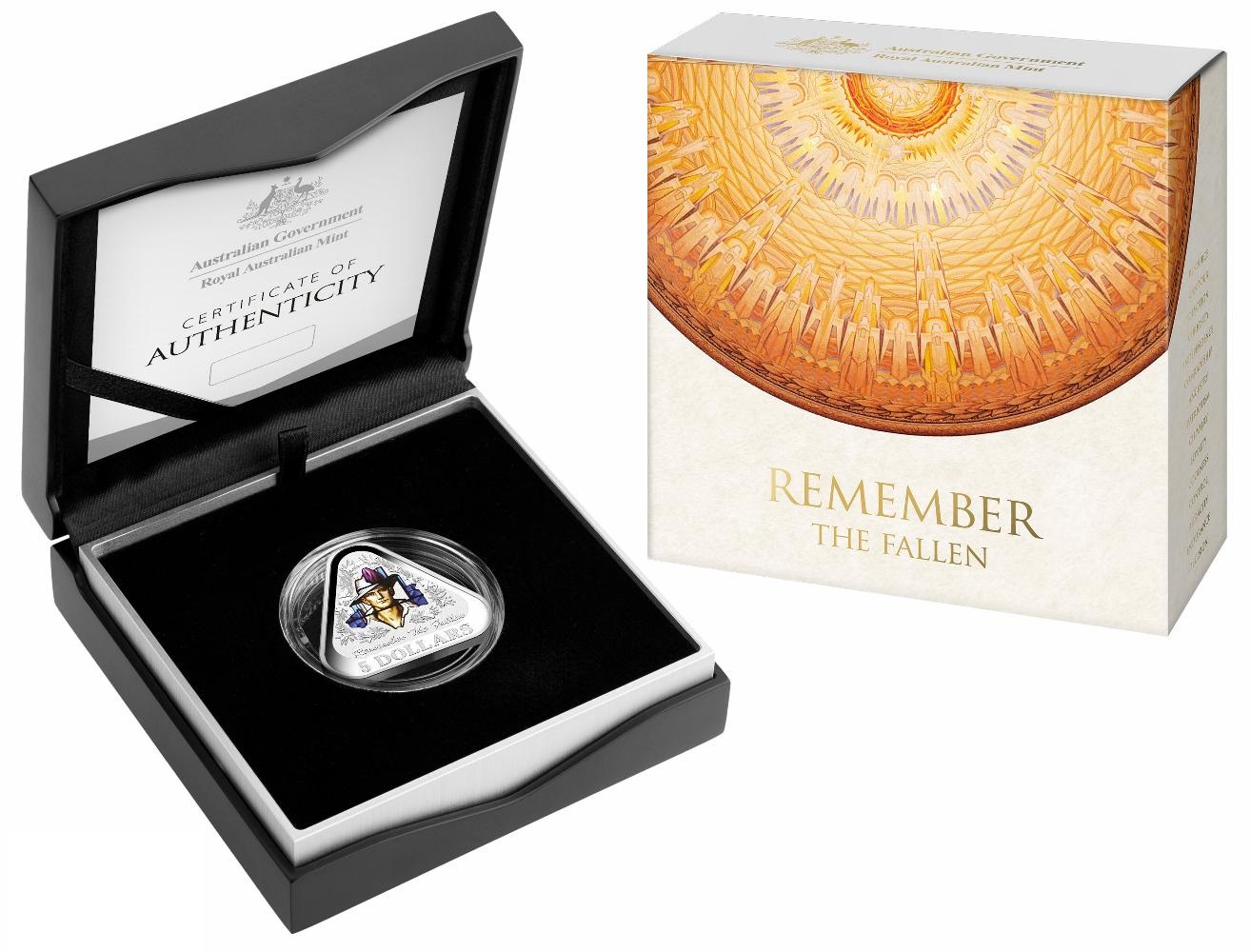 2016 RAM $5 Remember the Fallen Silver Triangular Coloured Proof Coin - Box&COA