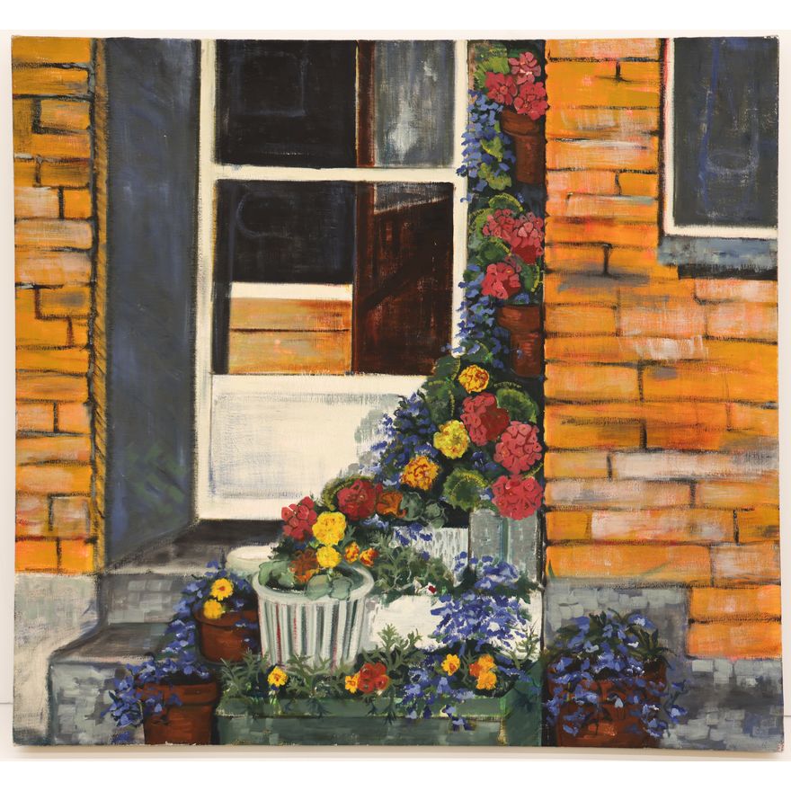 Mid Century Flower Trellis Oil Painting 36''x39'' - Unsigned