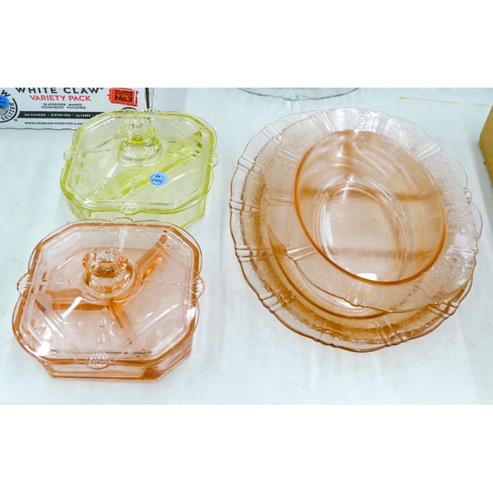 5pc Vintage Colored Etched Glass Candy Boxes Etc.
