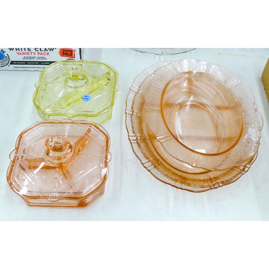 5pc Vintage Colored Etched Glass Candy Boxes Etc.