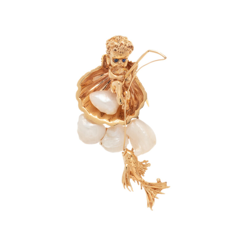 RUSER, YELLOW GOLD AND FRESHWATER CULTURED PEARL BROOCH