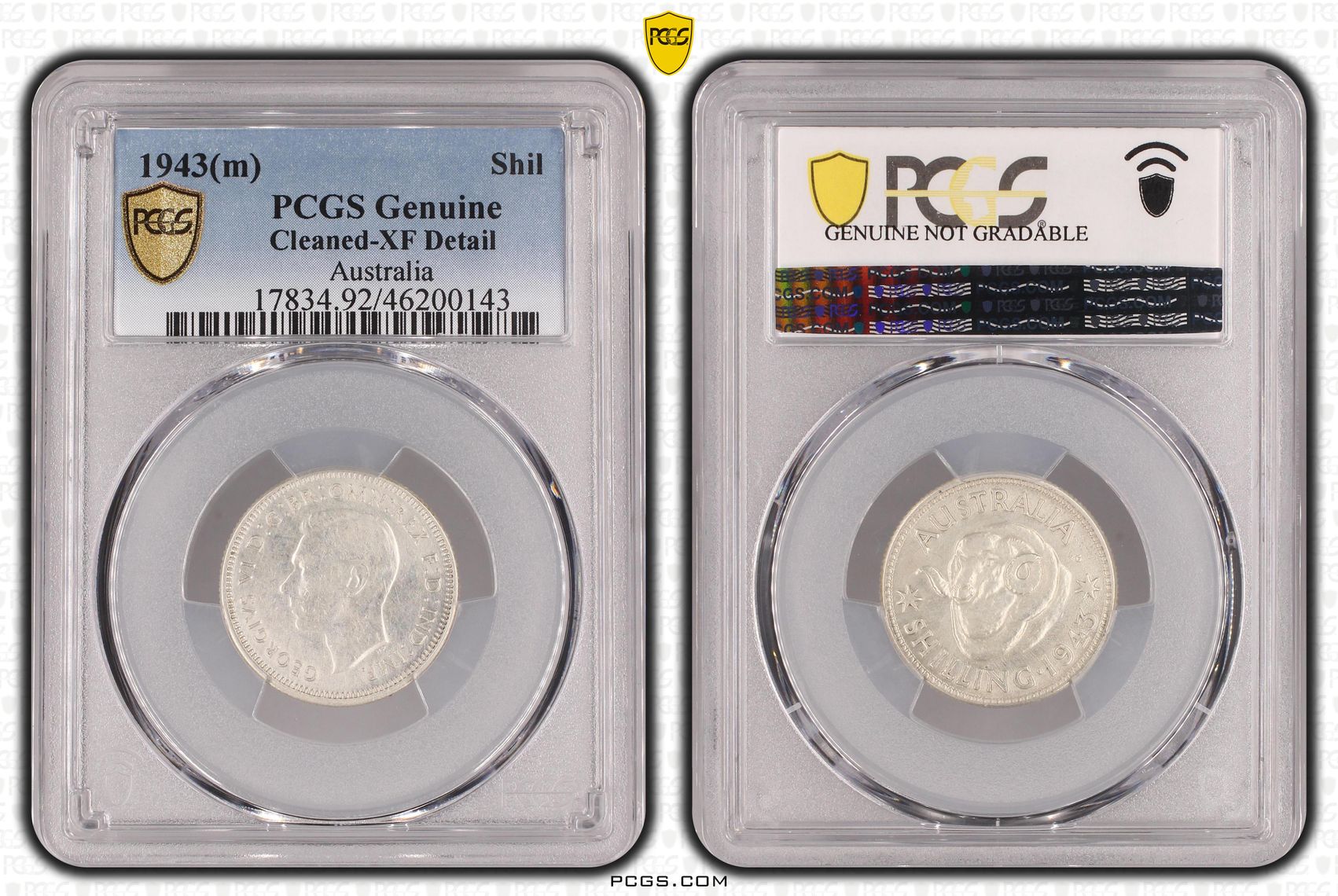 153 · Shilling, 1943(m), PCGS Genuine  - XF Details (92 - Cleaned)