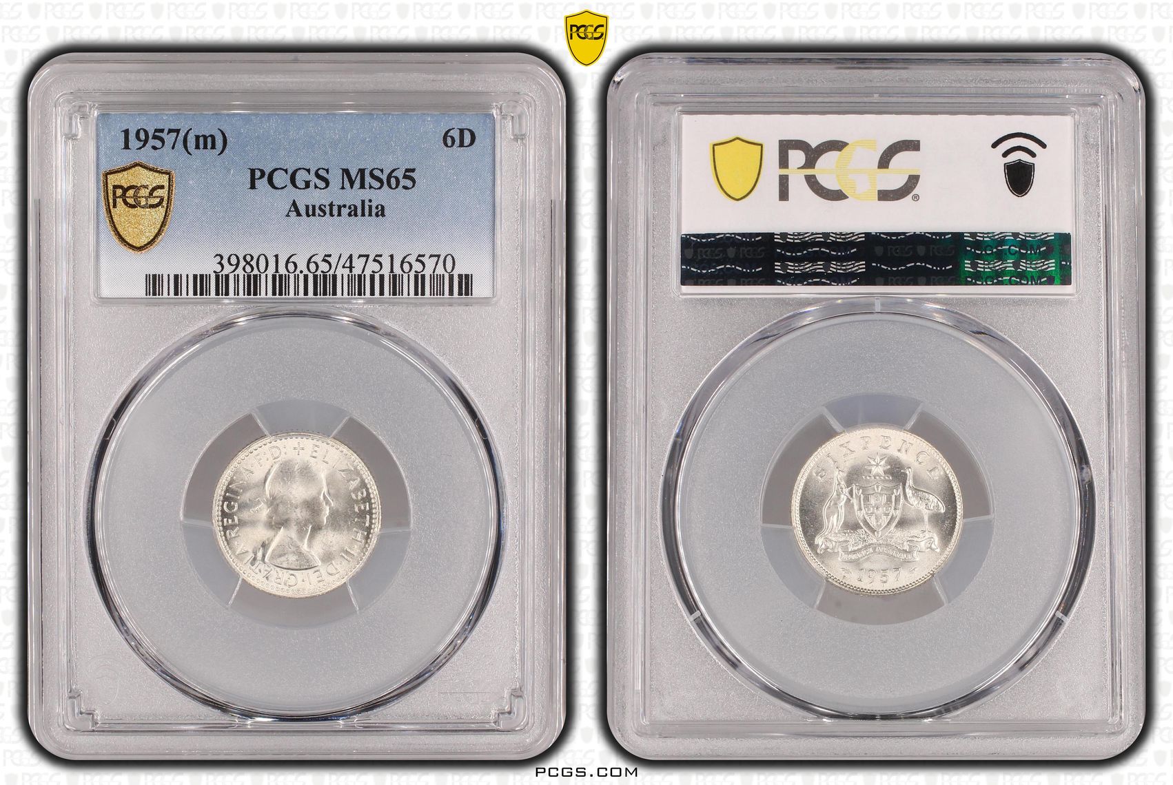 Sixpence, 1957(m), PCGS MS 65