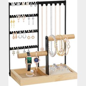 4-TIER EARRING HOLDER JEWELRY STAND, 4-TIER EARRING HOLDER ORGANIZER WITH 48 HOLES AND 6 NECKLACE, HOLDER BRACELETS HOLDER & WOOD