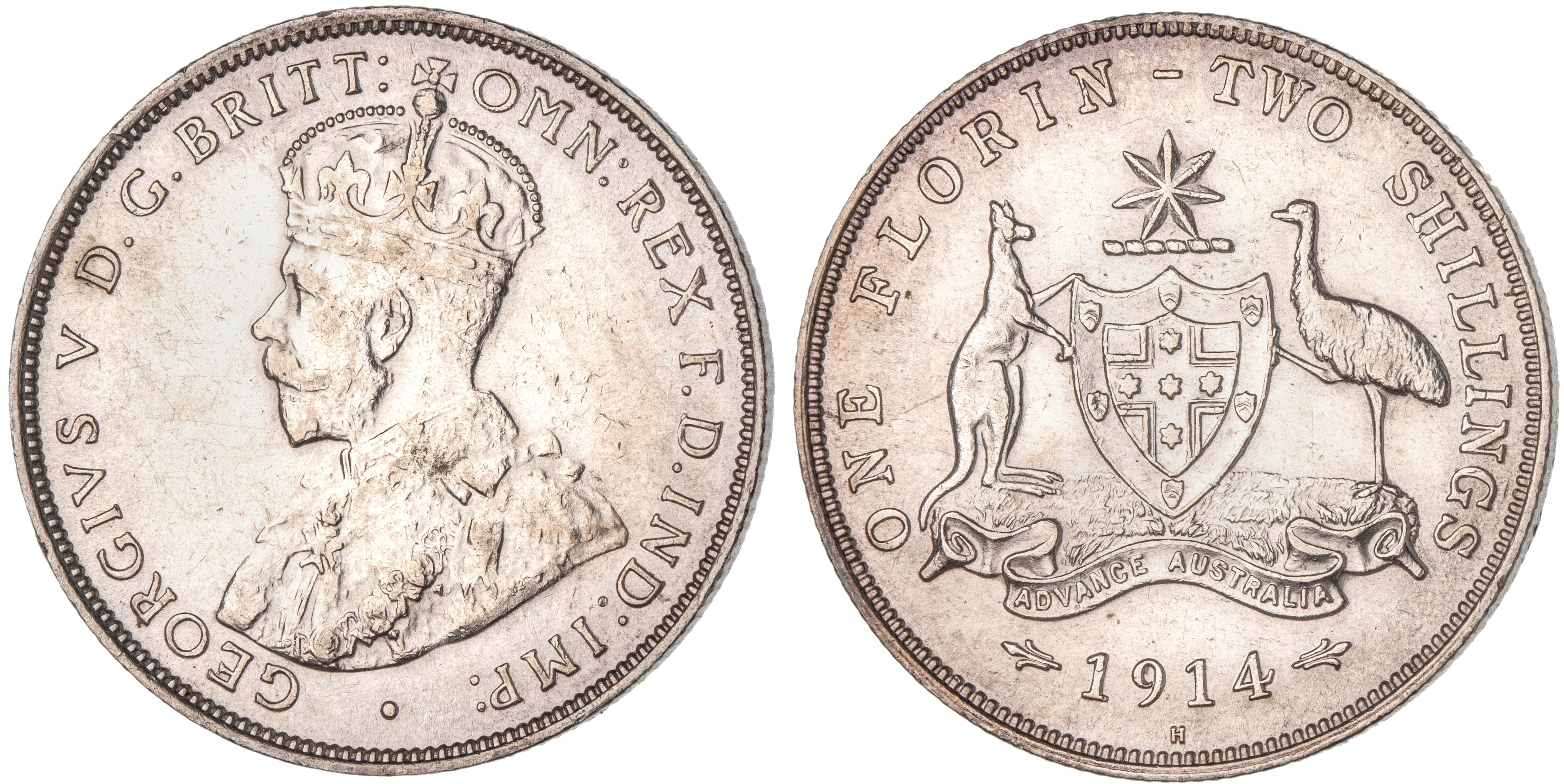 George V, Florin, 1914-H, aEF