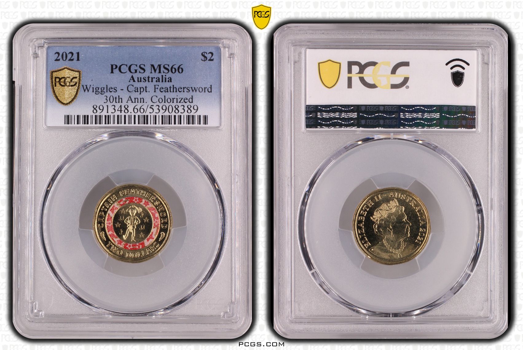 Wiggles - Capt. Feathersword 30th Ann. Colourised, Two Dollar, 2021, PCGS MS66