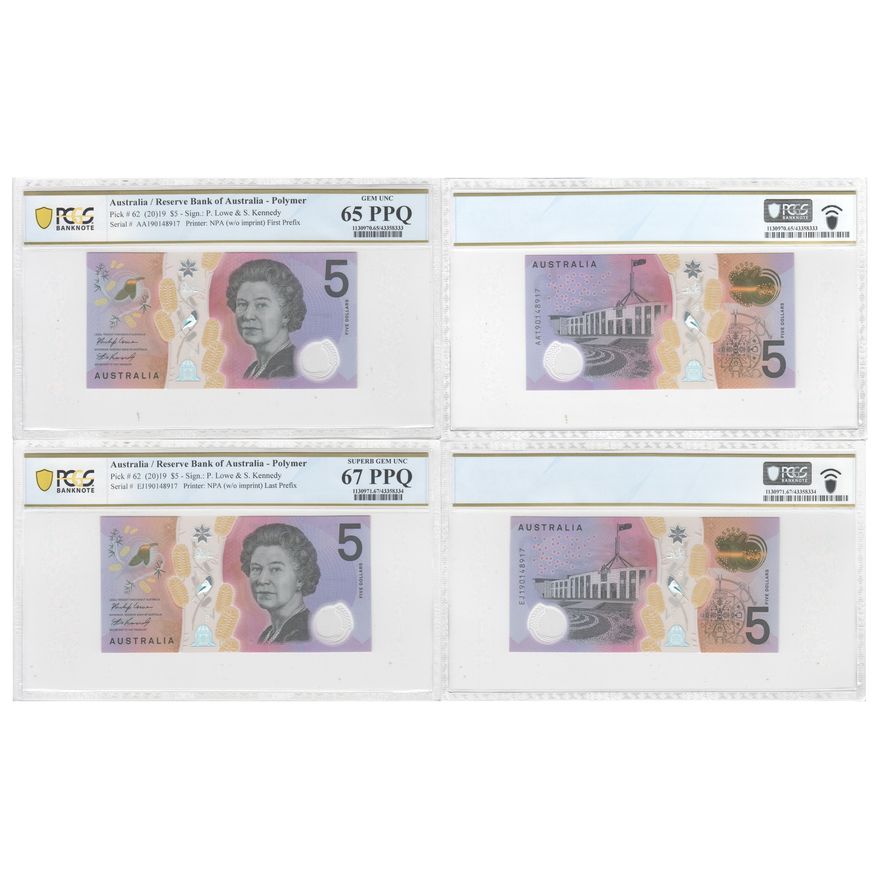 Lowe/Kennedy, First/Last Prefix Pair, Five Dollar, 2019, PCGS Superb Gem UNC 67 PPQ