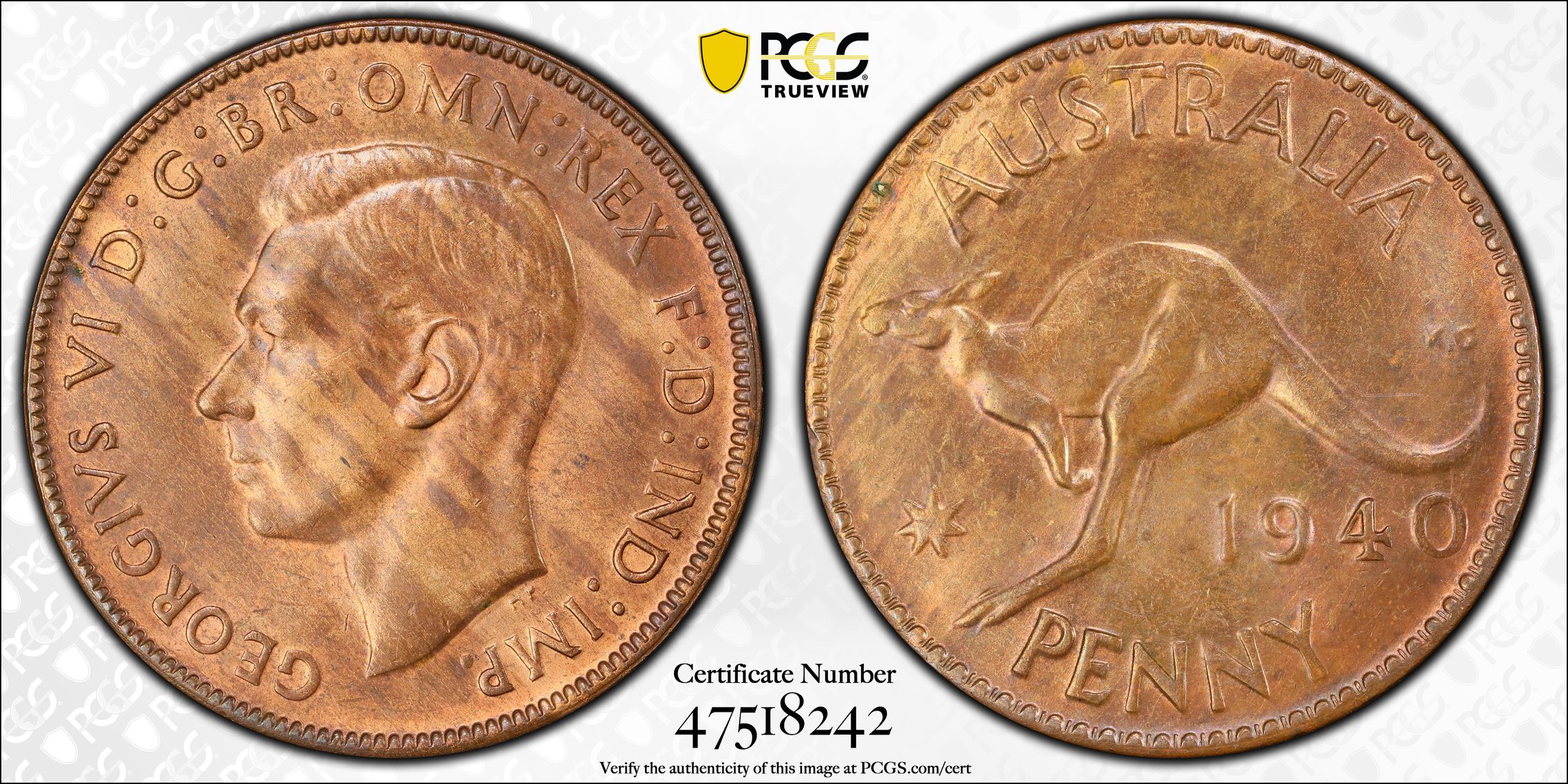 One Penny, 1940 K.G (p) POP Report 5/0, PCGS MS 64BN