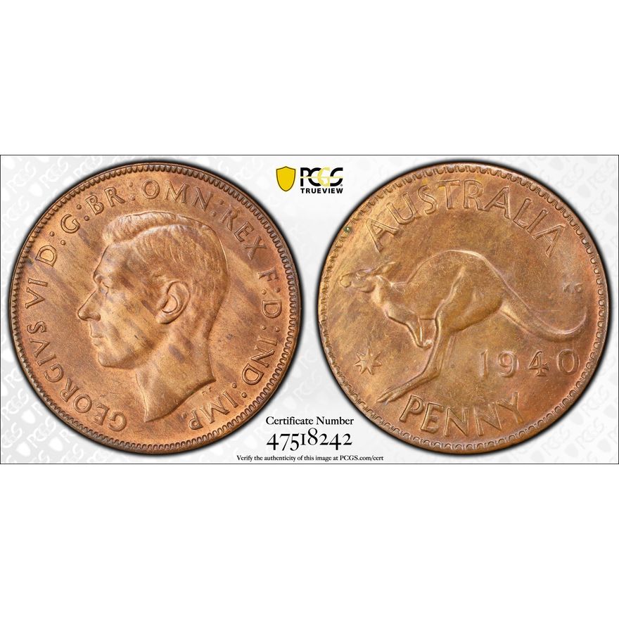 One Penny, 1940 K.G (p) POP Report 5/0, PCGS MS 64BN