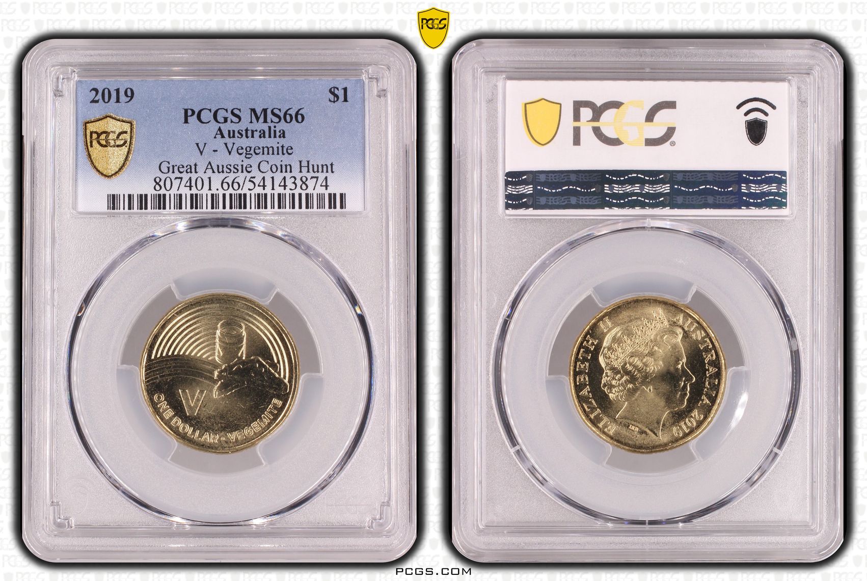 V - Vegemite Great Aussie Coin Hunt, One Dollar, 2019, PCGS MS66