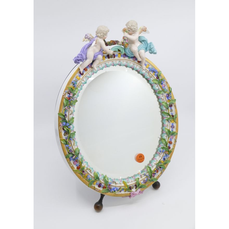 Antique Meissen Porcelain Cherub Easel Back Mirror- 14''